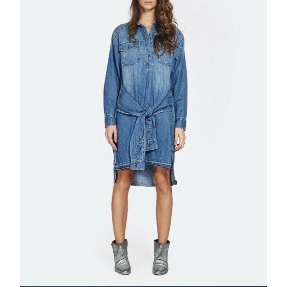 Current / Elliott The Twist High Low Mini Dress 2 Medium Blue Denim Long Sleeve